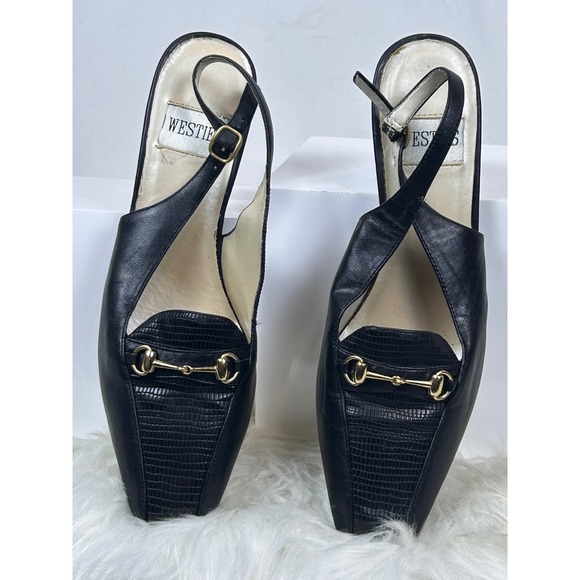Westies Shoes - Westies Black Leather Horsebit Slingback Heels Square Toe Lizard Embossed 8.5M